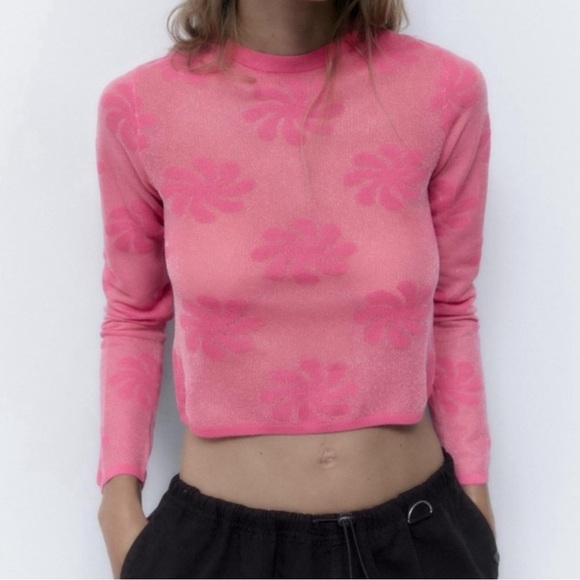 Zara Sheer Pink Floral Print Cropped Sweater, Size Medium - Picture 1 of 10